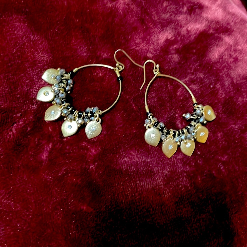 Dangle earrings grey and black beads with crystals antique gold 3” long